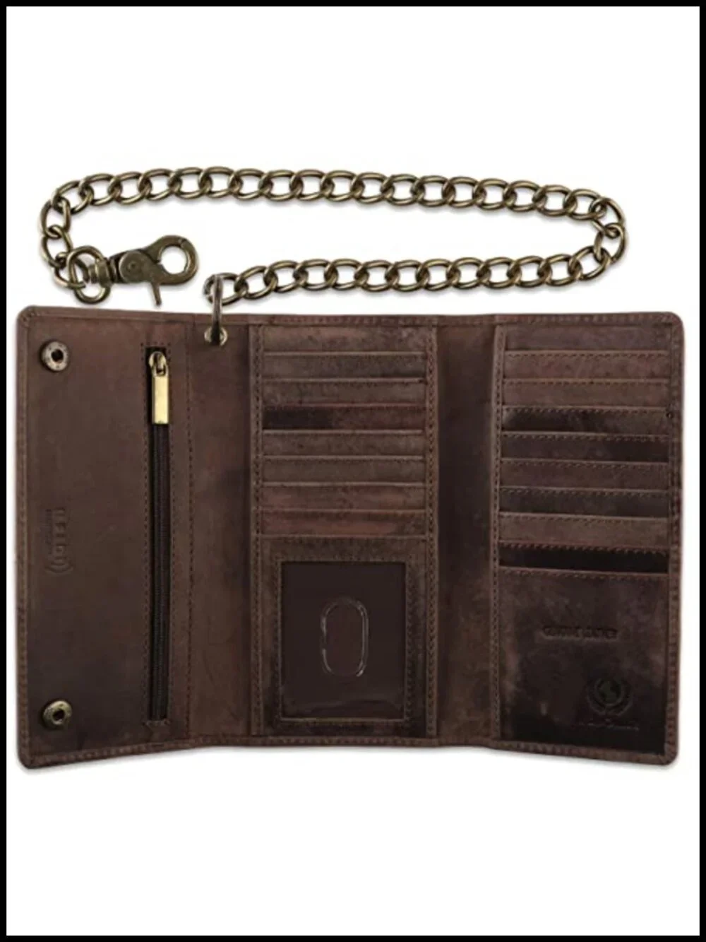 RFID Blocking Tri-Fold Cowhide Leather Wallet with Steel Chain